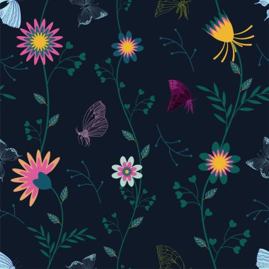 Koyu mavi arka planda renkli halk çiçekleri ve kelebekler. Kusursuz vektör deseni.