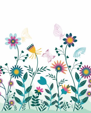 Bahar çiçekleriyle ve beyaz arka planda kelebeklerle dolu renkli bir sınır. Vektör pürüzsüz.