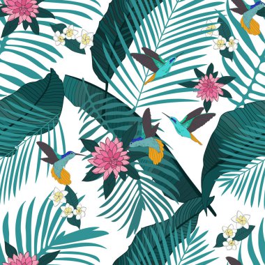Yeşil palmiye yaprakları, muz yaprakları, pembe çiçekler ve uğuldayan kuşlarla tropik desenler. Kusursuz vektör deseni.