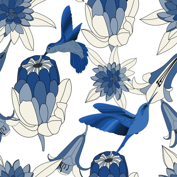 Tropisches Nahtloses Muster Mit Kolibris Und Tropischen Blumen Blau Und — Stockvektor