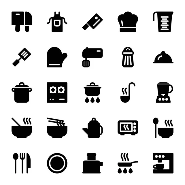 Conjunto de ícones de cozinha com estilo preto sólido — Vetor de Stock