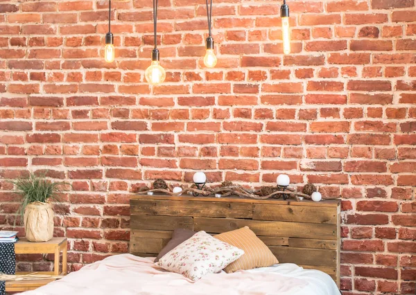 Loft Red Bricks Bedroom — Stock Photo, Image