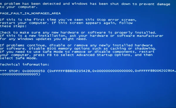 Blue screen of death. System crash report