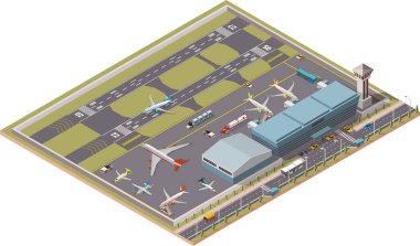Airport Infographic vector isometric design elements. Map of the city's airport. Terminal, airport traffic, control tower, hangar, departure jet, airplanes, ground Airport Infographic vector isometric design elements