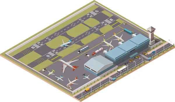 Aeropuerto Infografía vector isométricos elementos de diseño. Mapa del aeropuerto de la ciudad. Terminal, tráfico aeroportuario, torre de control, hangar, jet de salida, aviones, tierra Airport Infographic vector isometric design elements — Vector de stock