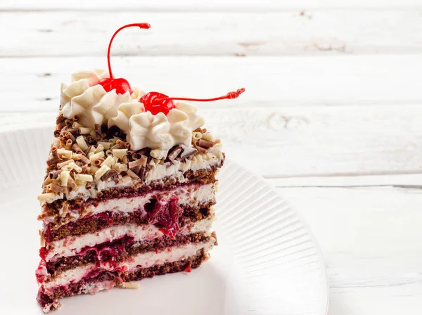Piece Delicious Cake Cherry White Background — ストック写真