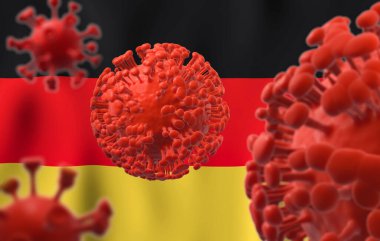 Alman bayrağının arka planında Coronavirus var. 3d hazırlayıcı