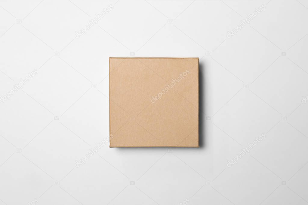 Brown Craft Paper or Carton Box with lid Mockup isolated on white background.Top view. Object with clipping path.High-resolution photo.