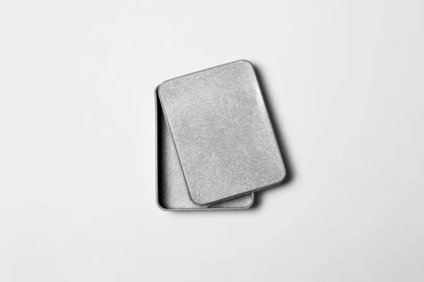 Tomma Metal Box Mockup Isolerad Vit Bakgrund Stålbehållare Eller Tillbehörspaket — Stockfoto