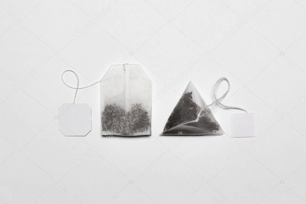Close-up of Tea Bag Mockup with label isolated on white background. Disposable Tea Bag.High-resolution photo.