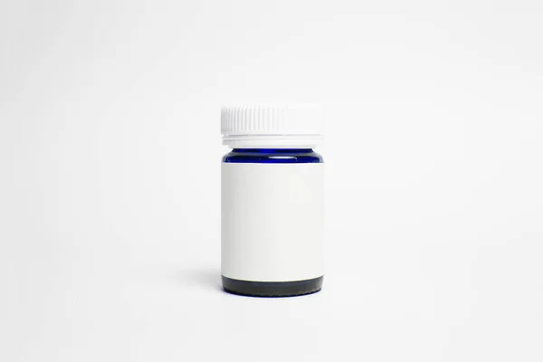Botella Caja Suplemento Vidrio Con Etiqueta Blanco Mockup Sobre Fondo — Foto de Stock