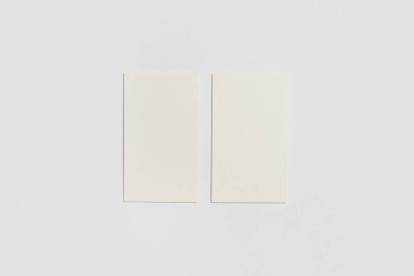 Beyaz desenli arka planda iki dikey iş kartı modeli. Yüksek çözünürlüklü fotoğraf. Üst görünüm.