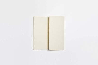 A4 mü? Kağıtlı Boş Kağıt Broşür yumuşak gri arka planda gölgeli bir model. Yüksek çözünürlüklü fotoğraf. Üst görünüm