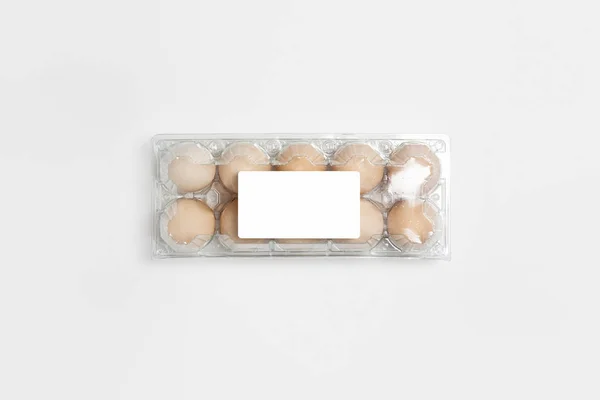 Bandeja Empacotamento Transparente Ovos Visão Superior Mock Isolada Fundo Branco — Fotografia de Stock