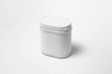 Beyaz Plastik Jar Model, kapak ve etiketli, sıcak çikolata, kakao, hazır kahve. Süper manzara. Yüksek çözünürlüklü fotoğraf..