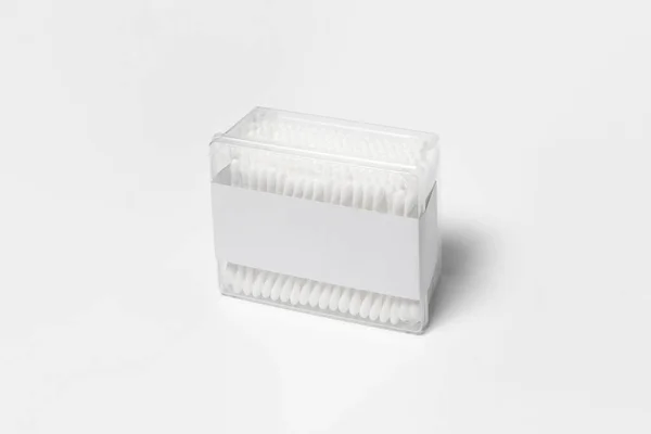 Cotton Swabs Transparent Plastic Box Mockup Isolated White High Resolution — Stock Photo, Image