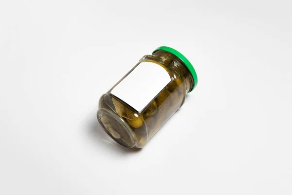 Glass Jar Pickled Cucumbers White Background Blank Label Marinated Cucumbers — Stock fotografie