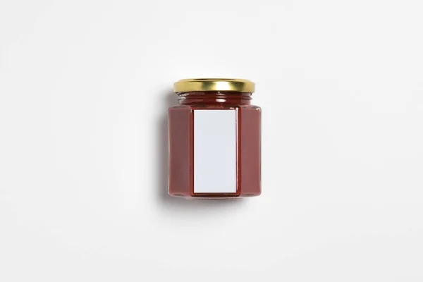 Red Fruit Souce Dalam Kaca Jar Mockup Dengan Label Background — Stok Foto