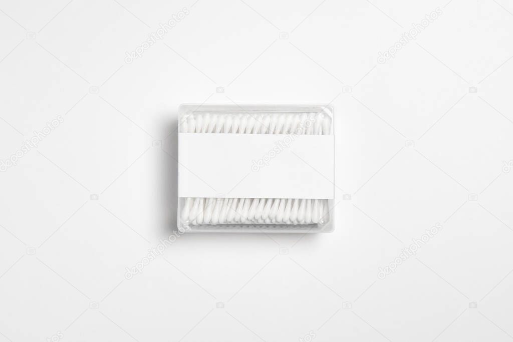 Cotton Swabs in transparent plastic Box Mockup isolated on a white.High-resolution photo.
