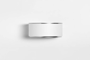 Beyaz boş teneke kutu. Konserve yiyecek. Tasarımına hazırım. Gerçek mal paketleme. Boş Beyaz Etiketli Yiyecek Kutusu. Üst görünüm.