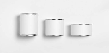 Beyaz boş teneke kutular ayarlandı. Konserve yiyecekler. Tasarımına hazırım. Gerçek mal paketleme. Boş Beyaz Etiketli Yiyecek Kutusu. Üst görünüm.