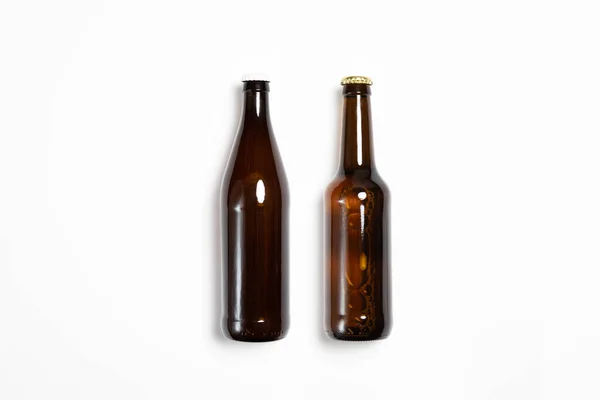 Full Brown Beer Bottles Mock Fehér Háttérrel Üres Címkével Nagy — Stock Fotó