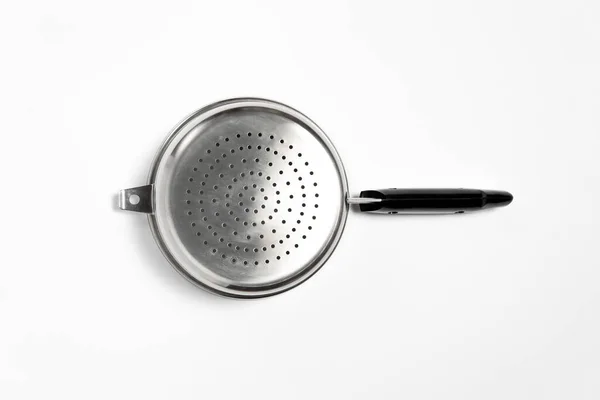 Stainless Steel Colander White Background Top View High Resolution Photo — Stok Foto