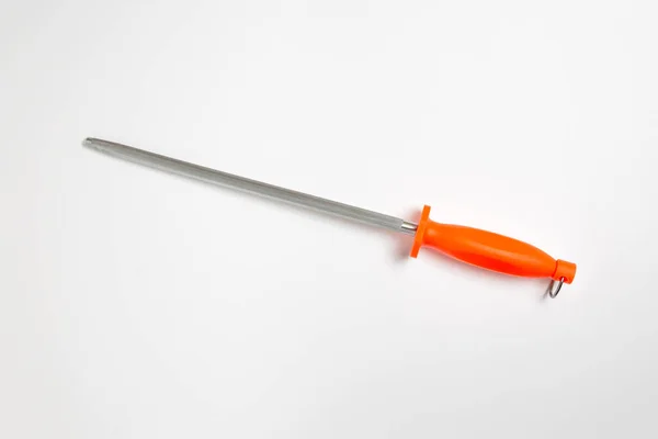 Knife sharpener with plastic handle isolated on a white background.Top view.Grindstone for knives. High-resolution photo.