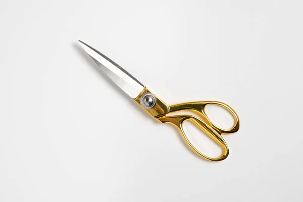 Closed Tailor Scissors Gold Handle White Background Top View High — Stock Photo, Image