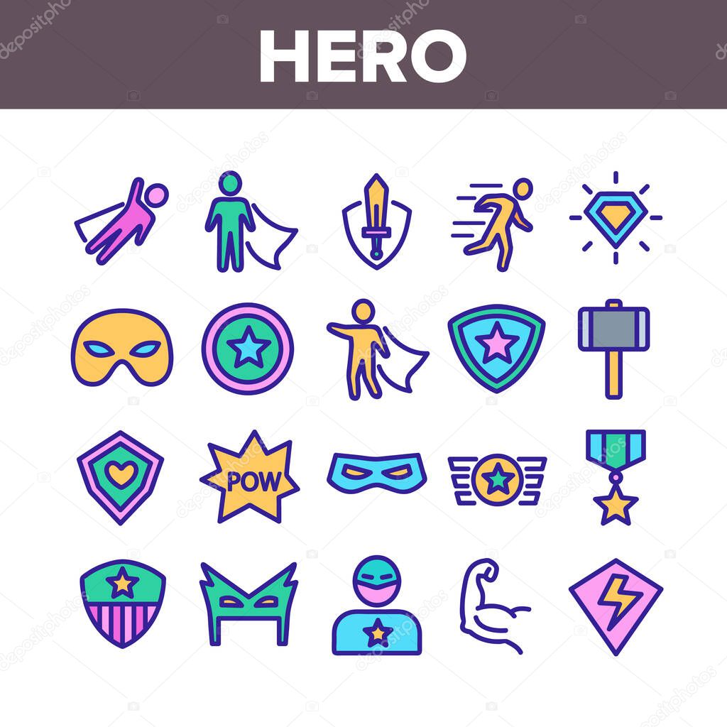 Super Hero Collection Elements Icons Set Vector Thin Line. Hero Superman Silhouette And Captain America, Face Mask And Shield Concept Linear Pictograms. Color Contour Illustrations