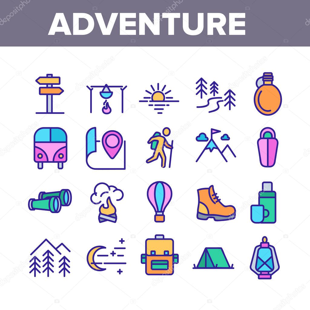 Adventure Collection Elements Icons Set Vector Thin Line. Van And Air Balloon, Backpack And Shoe, Mountain And Wood, Tourist Adventure Concept Linear Pictograms. Color Contour Illustrations