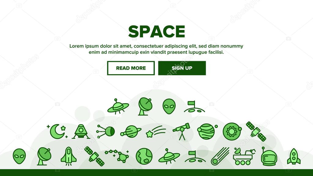 Space Exploration Vector Thin Line Icons Set. Outer Space, Extraterrestrial Life Linear Pictograms. Solar System, Moon Surface Research, Satellites, Telescopes, Spaceships Contour Illustrations