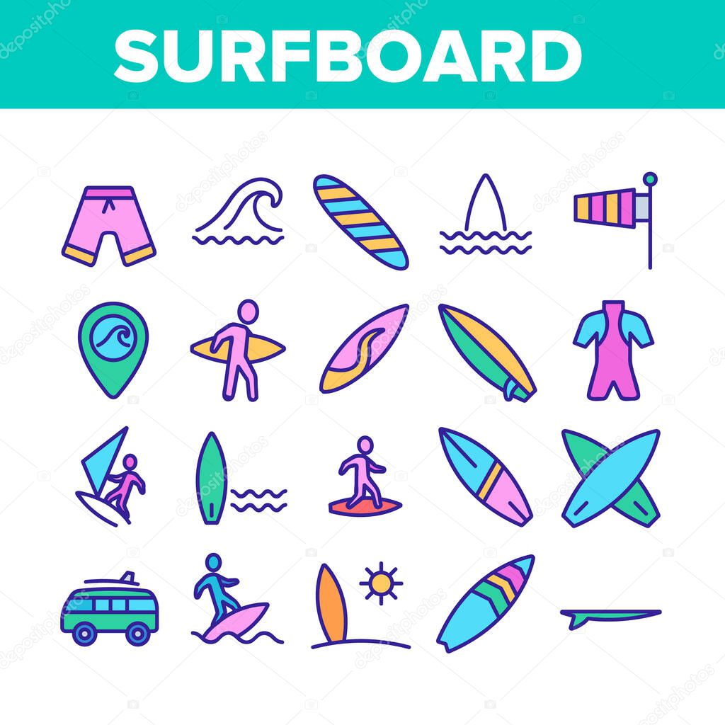 Surfboard Collection Elements Icons Set Vector