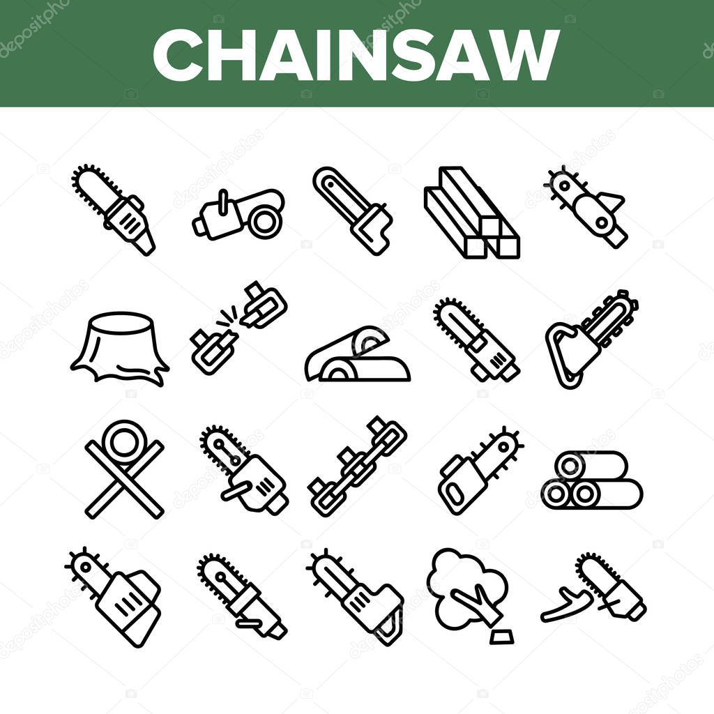 Chainsaw Collection Elements Icons Set Vector Thin Line. Gasoline Chainsaw Woodworking Industry Equipment, Broken Chain And Firewood Concept Linear Pictograms. Monochrome Contour Illustrations