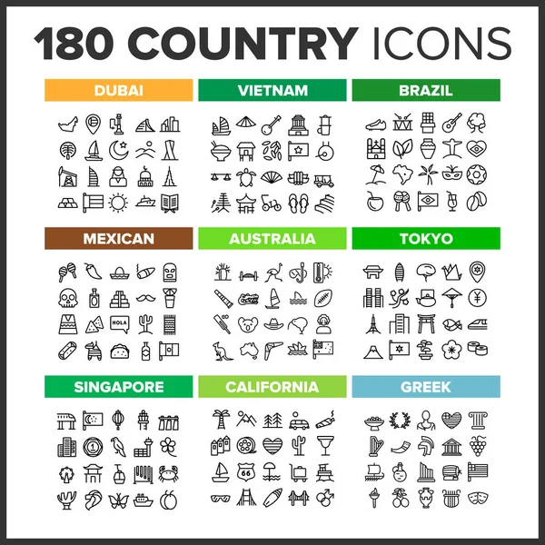 Country Icon Thin Line Big Set Vector — Stock Vector