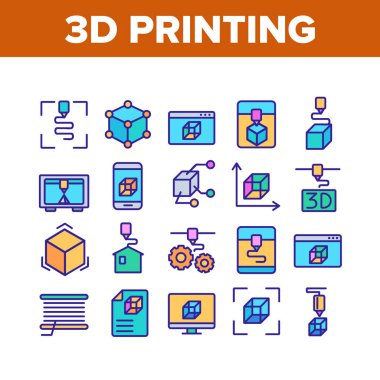 3d Yazdırma İşleme Koleksiyonu Simgeleri Vektörü Ayarla