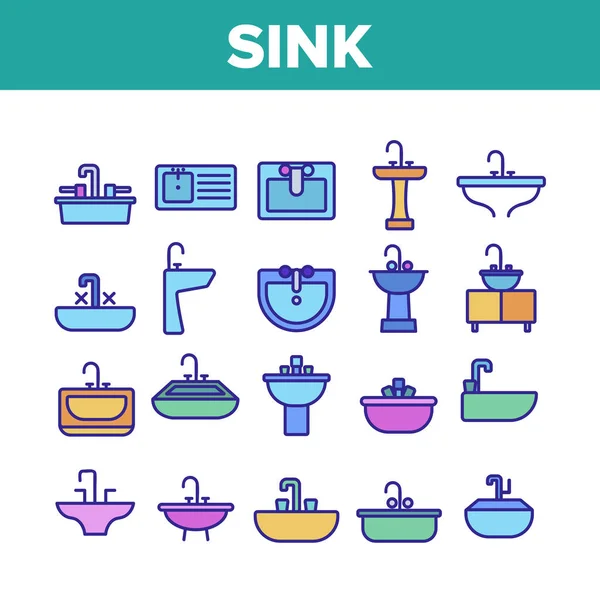 Sink Ceramic Bathroom Collection Icons Set Vector — Archivo Imágenes Vectoriales