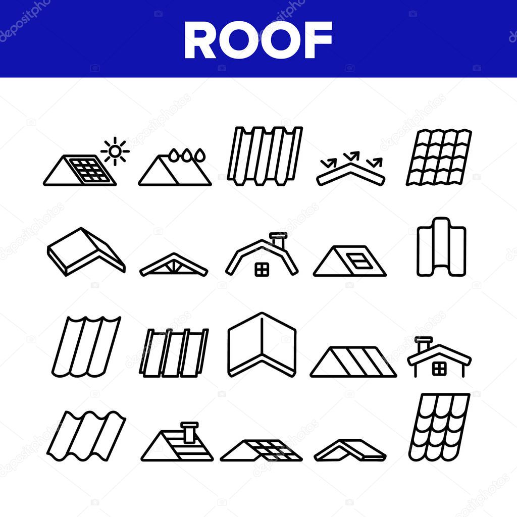 Roof Construction Collection Icons Set Vector Thin Line. Sun Solar Battery On House Roof, Metallic And Tile Roofing Material On Building Top Concept Linear Pictograms. Monochrome Contour Illustrations