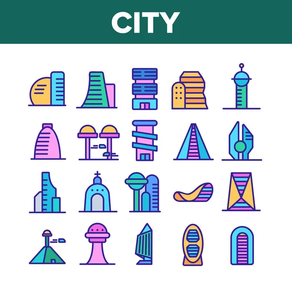 Ciudad moderna edificio colección iconos conjunto vector — Vector de stock