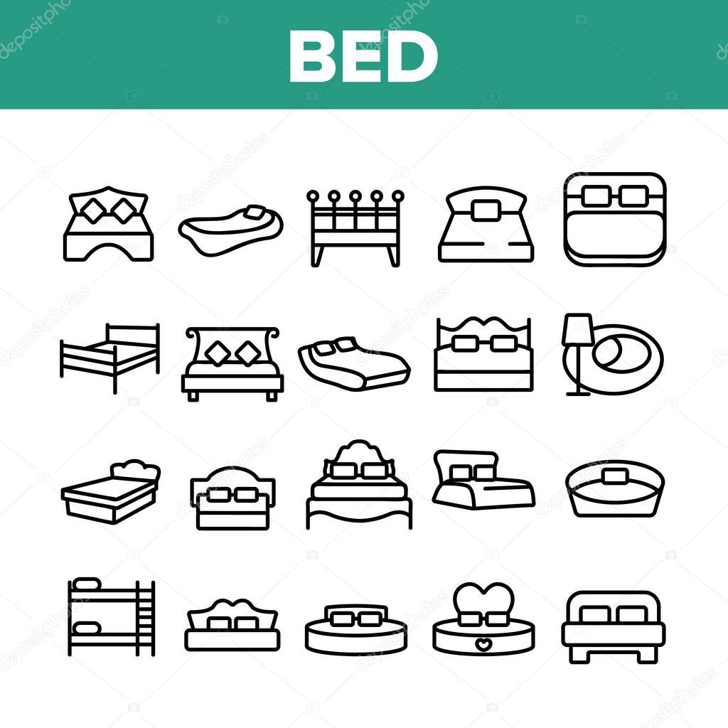Bed Bedroom Furniture Collection Icons Set Vector Thin Line. Stylish Modern With Lamp, Vintage, In Heart Form And Bunk Bed Concept Linear Pictograms. Monochrome Contour Illustrations