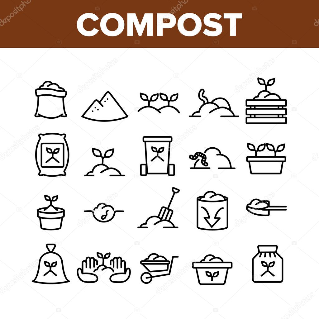 Compost Ground Soil Collection Icons Set Vector. Agricultural Organic Compost In Bag And Cart, Growing Plant In Pot And Worm Concept Linear Pictograms. Monochrome Contour Illustrations