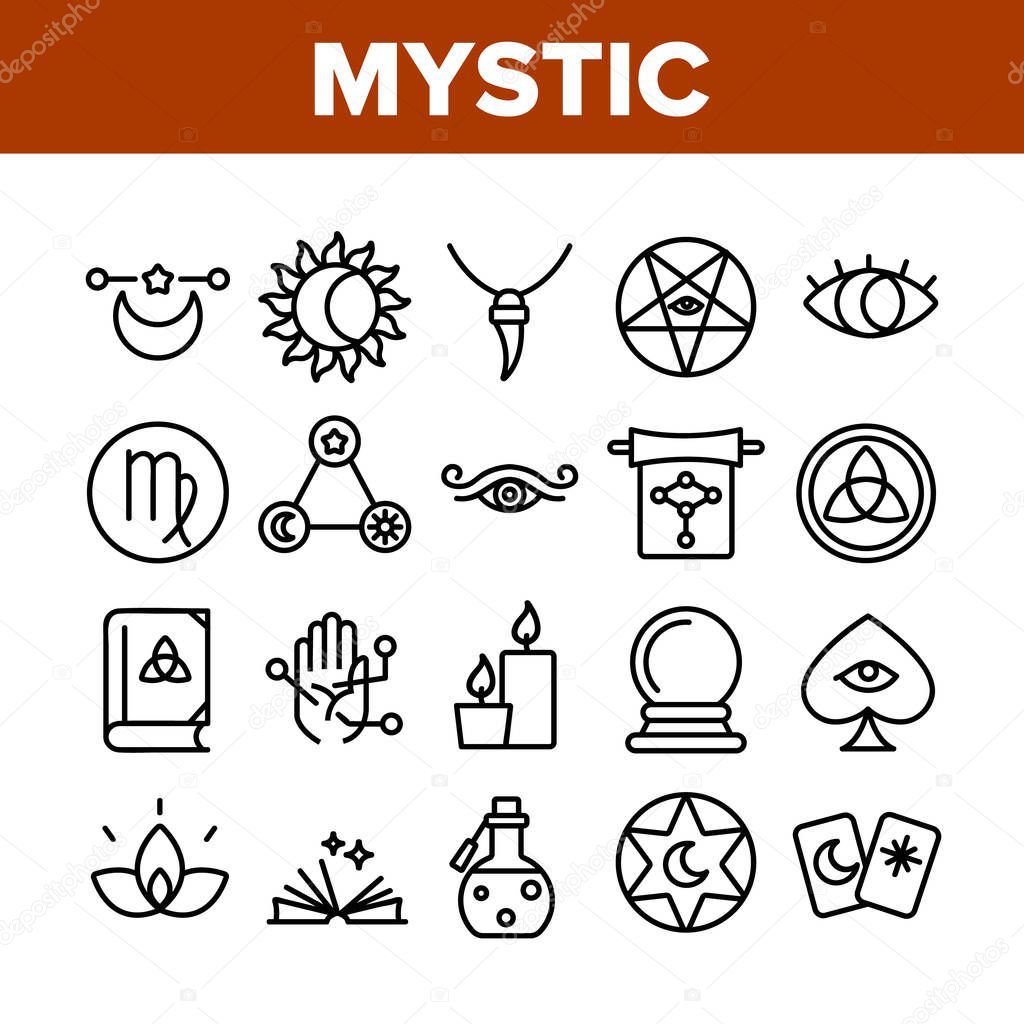Mystic Symbol Tool Collection Icons Set Vector Thin Line. Mystic Esoteric Eye And Amulet, Candle And Cards, Potion And Crystal Ball Concept Linear Pictograms. Monochrome Contour Illustrations