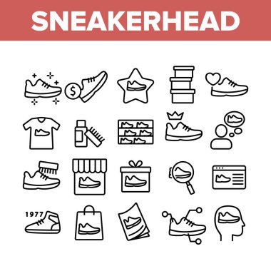 Sneakerhead Ayakkabı Koleksiyonu Simgeleri Ayarlama Vektörü. Hediye Kutusu ve Torbası içinde Sneakerhead, fırça ve krem temizleme, online alışveriş ve mağaza konsepti Pictogramları. Tek Renkli Katılım Çizimleri