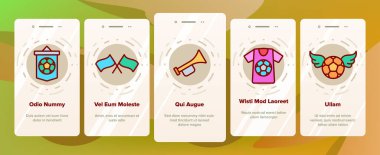 Futbol Fan Ekipmanları Bindirme Simgeleri Ayarlama Vektörü. Kanatlı, kalkanlı, bayraklı, kurdeleli, tişörtlü ve davullu futbol topu.