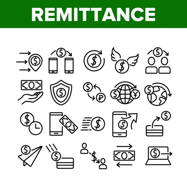 Remittance Finance Collection Ícones Set Vector Remessa Eletrônica Internacional Dólar — Vetor de Stock