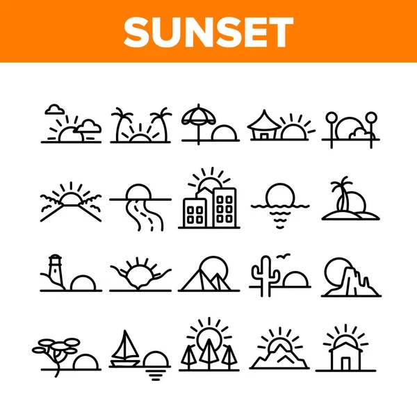 日落或日出收集图标设置向量 道路和城市 海滩和公园 沙漠和金字塔概念直线象形文字的日落 单色光标图解 — 图库矢量图片