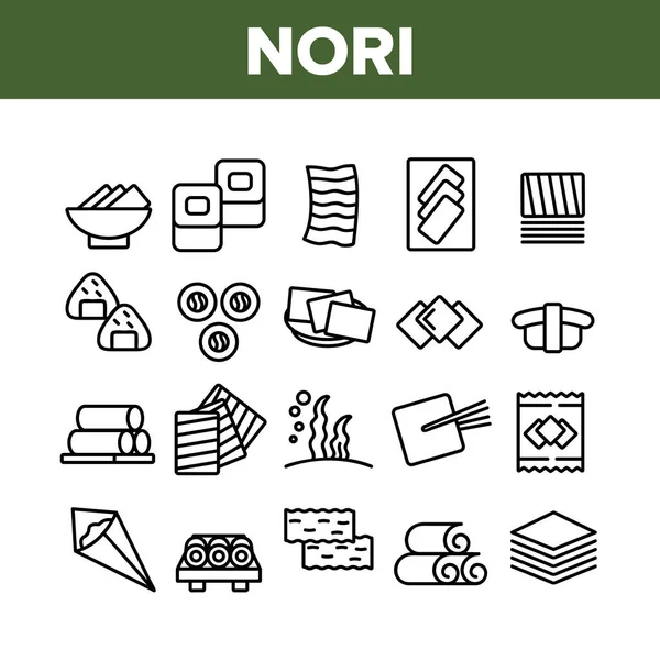 Nori Seaweed Asia Food Collection Icons Set Vector 采购产品诺里的寿司和卷 汤和海鲜 — 图库矢量图片
