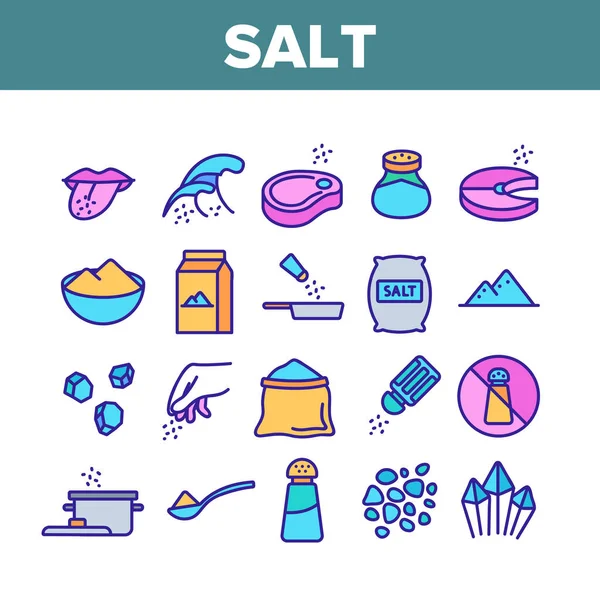 Salt Flavoring Cooking Collection Ikonok Set Vektor Emberi Nyelven Tálban — Stock Vector