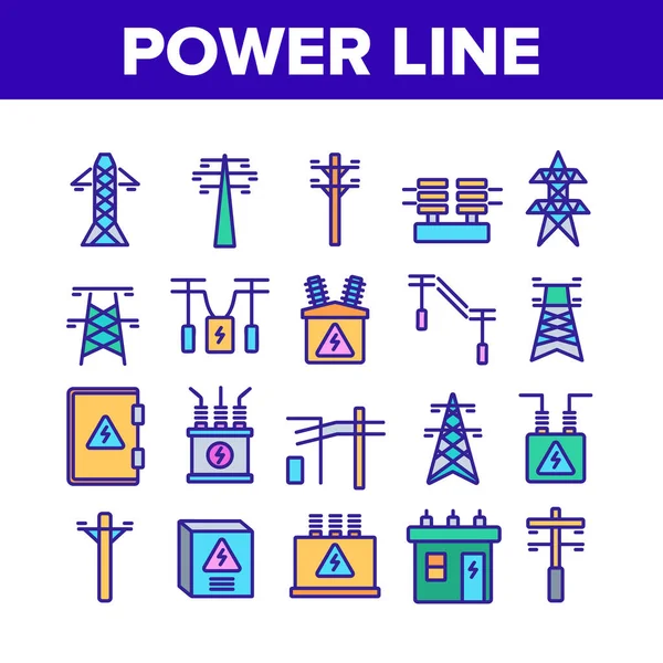 电力线路收集图标设定矢量 电线塔和电线线 变压器和闪电标志概念线路图 彩色图解 — 图库矢量图片