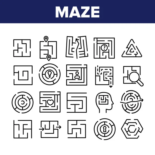 Maze Puzzle Olika Samling Ikoner Uppsättning Vektor Labyrint Labyrint Forskning — Stock vektor